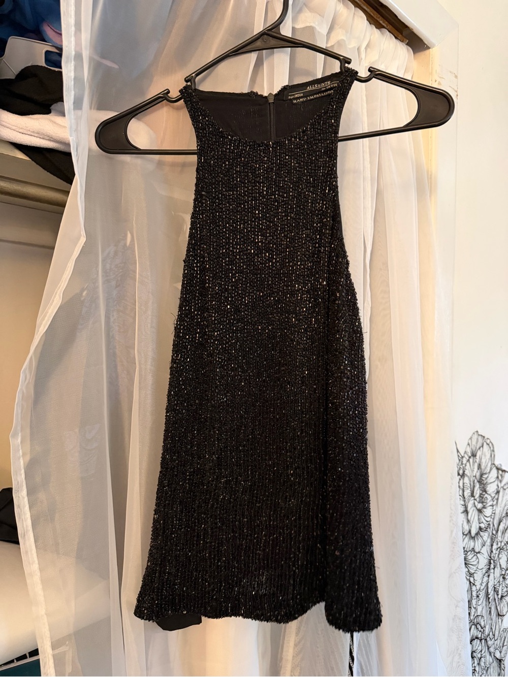 AllSaints Black Beaded Mini Halter Dress